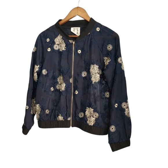 PPLA Starlit Woven Bomber Size Medium Mesh Navy Blue Embellished Zip Jacket - Picture 2 of 11